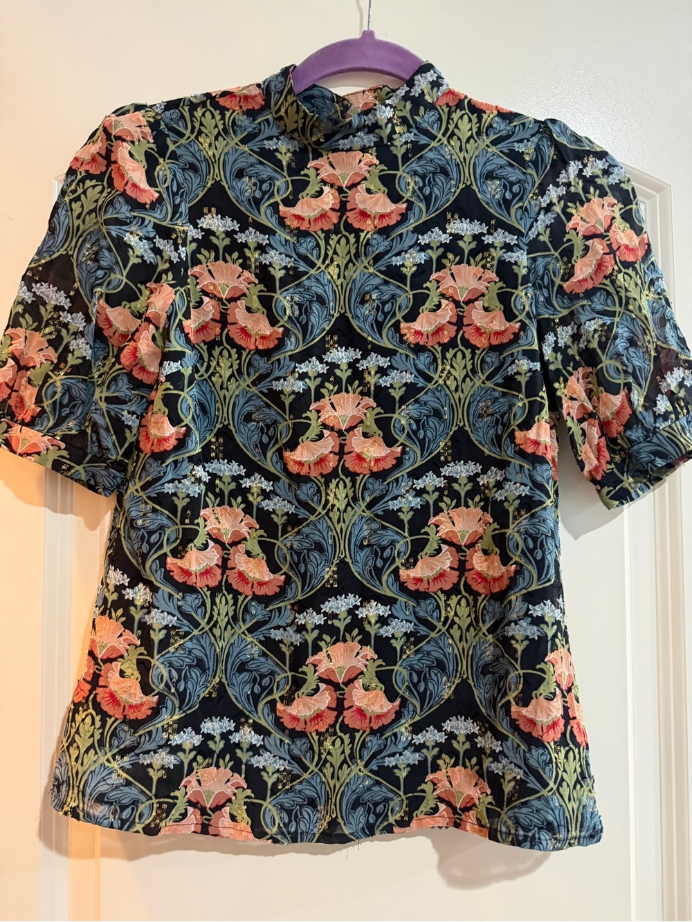 Anthropologie Black Floral Short Sleeve Blouse with Coral Flowers
